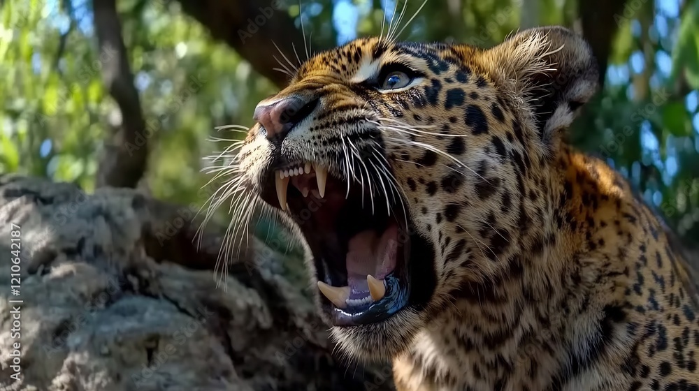 Fototapeta premium Majestic Leopard Roaring in the Jungle