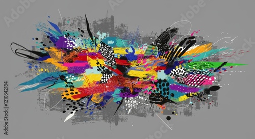 Abstract Burst of Color: An explosion of vibrant colors and geometric patterns creates a dynamic, abstract design on a gray background, evoking a sense of energy and movement.
