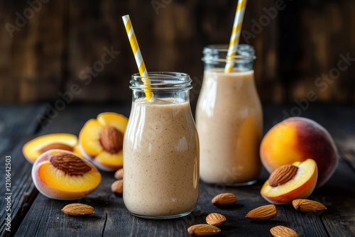 A peach and almond smoothie served in a small glass jar and a larger glass bottle both with yellow striped straws