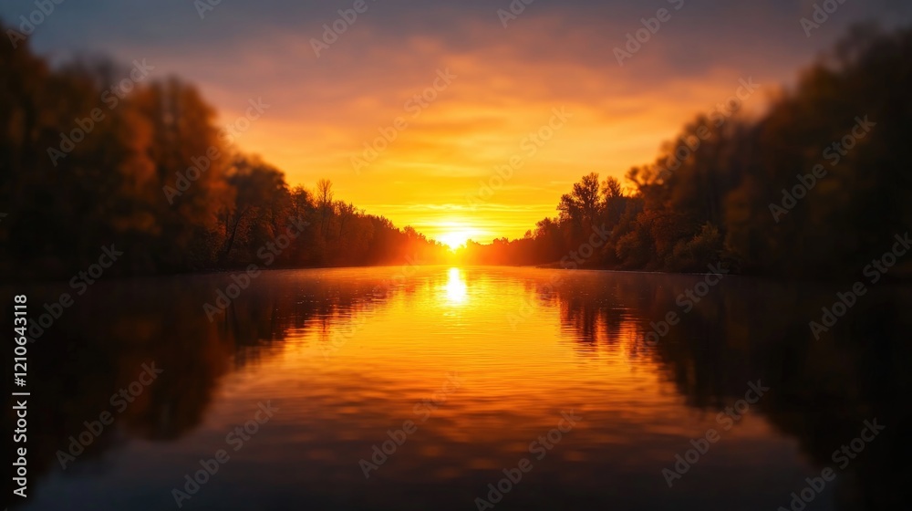 Fototapeta premium wide shot of sunset over calm river with golden reflections on water and blurred silhouettes of nearby trees
