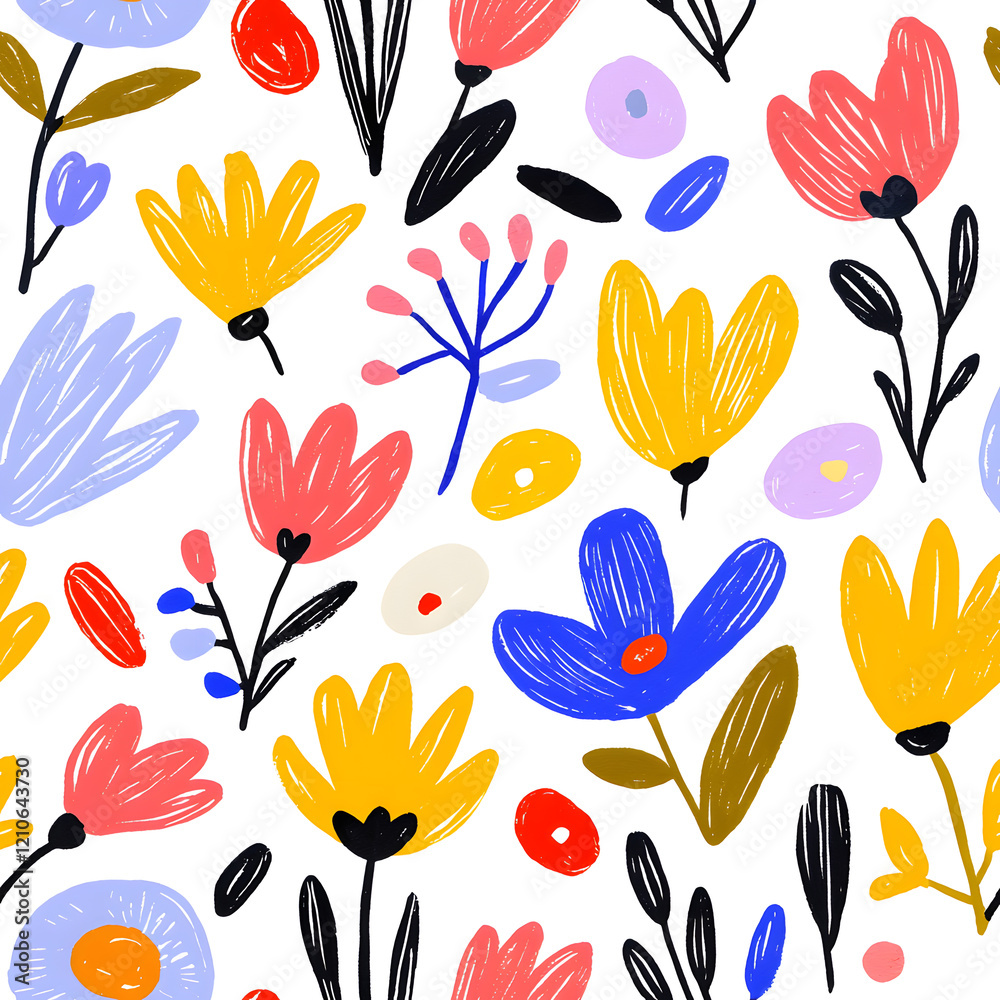Folk art inspired seamless pattern with flowers, geometric organic shapes, on white background Folk art inspired seamless pattern with flowers, geometric organic shapes, on white background