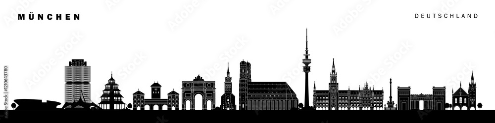 Fototapeta premium Munich City landmarks black banner design wall art vector illustration, Germany