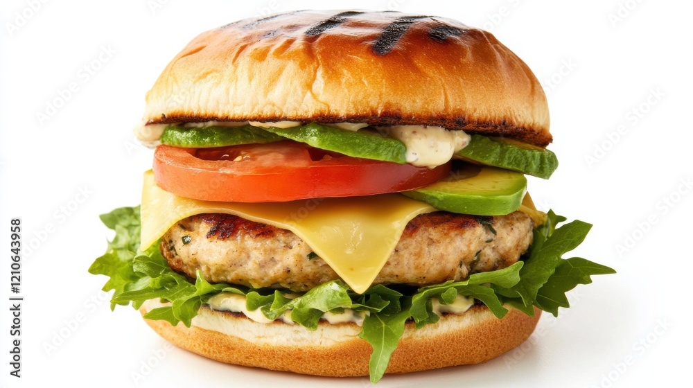 A gourmet turkey burger with a juicy turkey patty, melted Swiss cheese, avocado slices A gourmet turkey burger with a juicy turkey patty, melted Swiss cheese, avocado slices