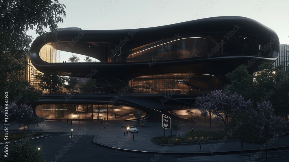 Fototapeta premium Modern architectural design of a unique building at twilight with soft reflections and greenery
