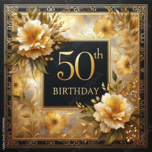 Elegant 50th birthday card design featuring golden florals and intricate patterns.