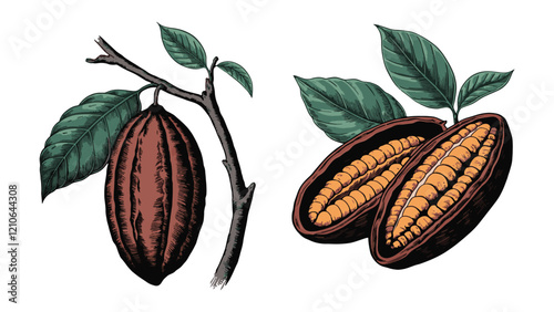 Vector illustration of cacao beans isolated on white background. food, chocolate, and natural product.