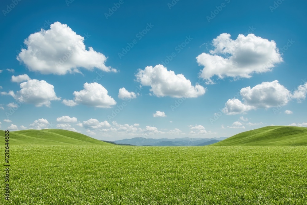 wide shot of open field with rolling hills in distance under bright blue sky and soft fluffy clouds wide shot of open field with rolling hills in distance under bright blue sky and soft fluffy clouds