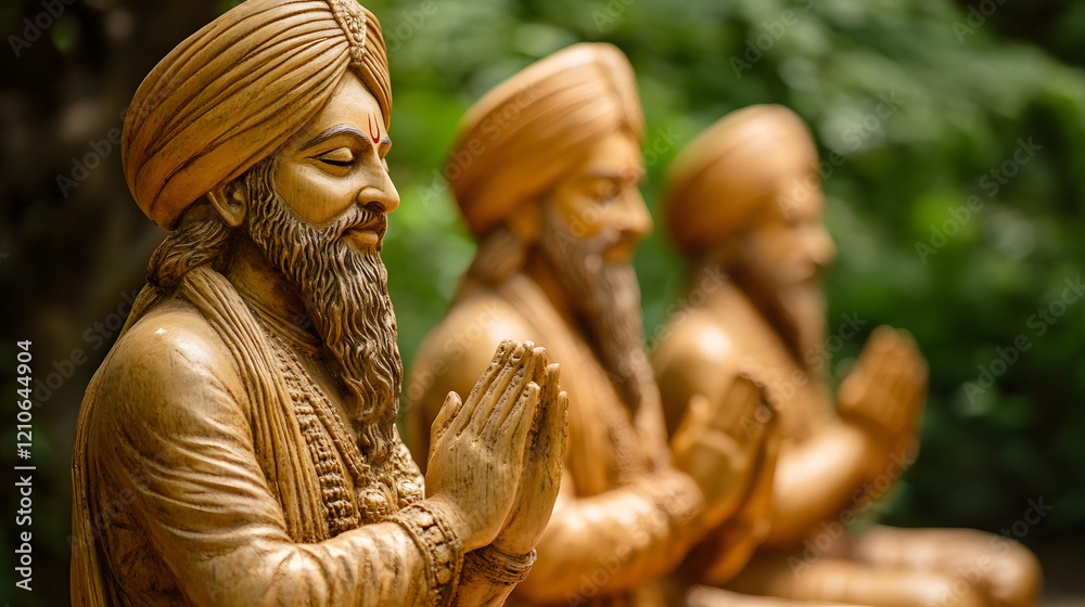 Fototapeta premium Serene Wooden Statues of Meditative Figures Praying in Lush Green Natural Setting : Generative AI