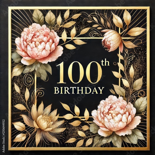 Elegant 100th birthday card featuring floral designs and a black background.