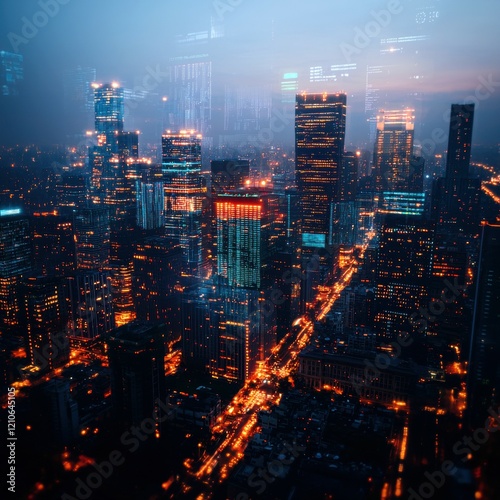 A stunning aerial view of a modern city skyline illuminated at night.