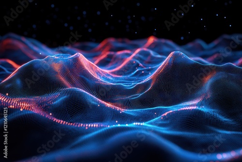 A highly detailed mesh network that appears to rise and fall like rolling hills and nodes should glow in bright blue and red, connected by thin translucent lines photo