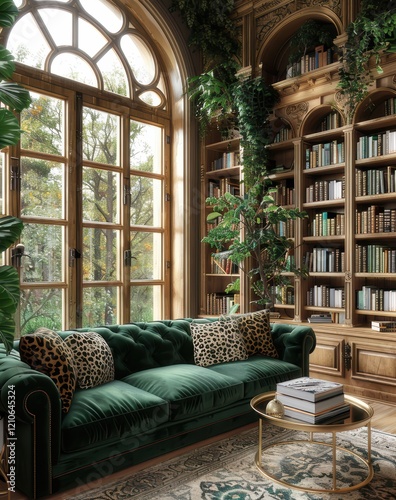 Luxurious library in a gothic castle room. The room features an emerald green sofa, leopard print pillows, a grand bookcase, tall windows, and plants
