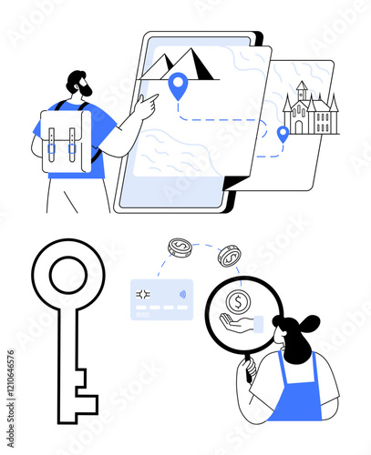 Travelers with backpack and maps highlighting locations, key symbol, magnifying glass with dollar, and credit card. Ideal for travel planning, financial budgeting, destination discovery, adventure