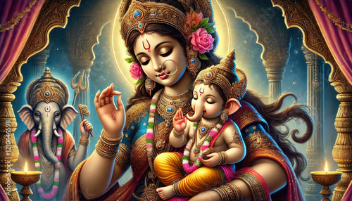 Baby Ganesh and Mother Goddess Parvati photo