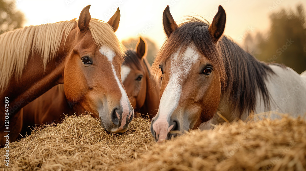 Obraz premium This captivating image showcases three horses peacefully enjoying hay in a serene farm environment, highlighting the beauty of nature and the bond between animals and their habitat.