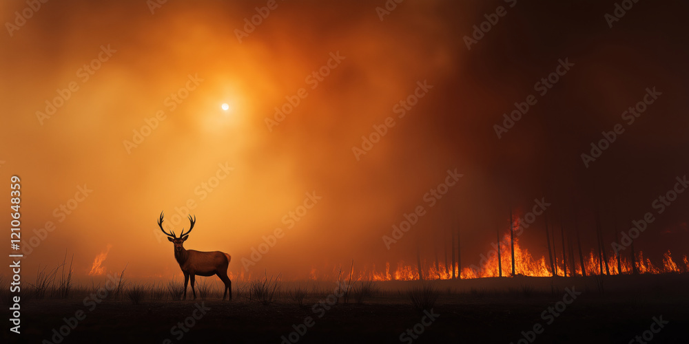 Fototapeta premium Wildfire Damage Impact on Deer Barren Land Wildlife Photography Smoky Environment Dramatic View