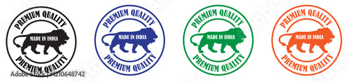 Made in India symbol icon set for Indian products and industrial usage. Make in India badge in different style. Made in India Round Badge with Premium Quality Seal. Circular Lion Badges.