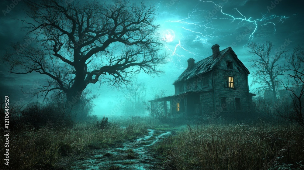 In the midst of a stormy sky, lightning strikes the house in a dramatic fashion In the midst of a stormy sky, lightning strikes the house in a dramatic fashion