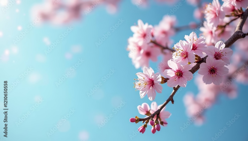 Beautiful cherry tree with tender flowers. Amazing spring blossom on azure sky blue blurred background. Copy space. Sale Beautiful cherry tree with tender flowers. Amazing spring blossom on azure sky blue blurred background. Copy space. Sale