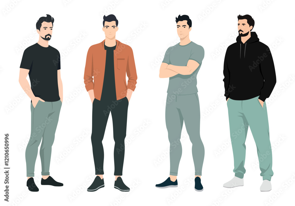 Four men in basic casual clothing. Hoodies, jackets, t-shirts, pants are presented. Main colors white, black, green. Laconic style with modern accents. Four men in basic casual clothing. Hoodies, jackets, t-shirts, pants are presented. Main colors white, black, green. Laconic style with modern accents.
