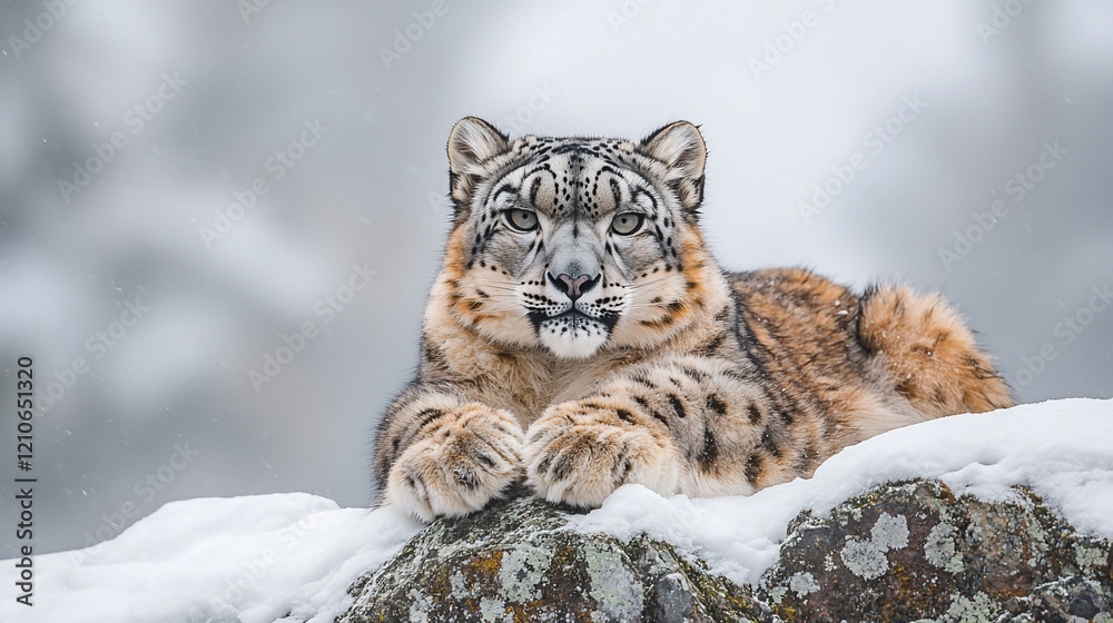 Majestic snow leopard resting on snowy rocks. Majestic snow leopard resting on snowy rocks.