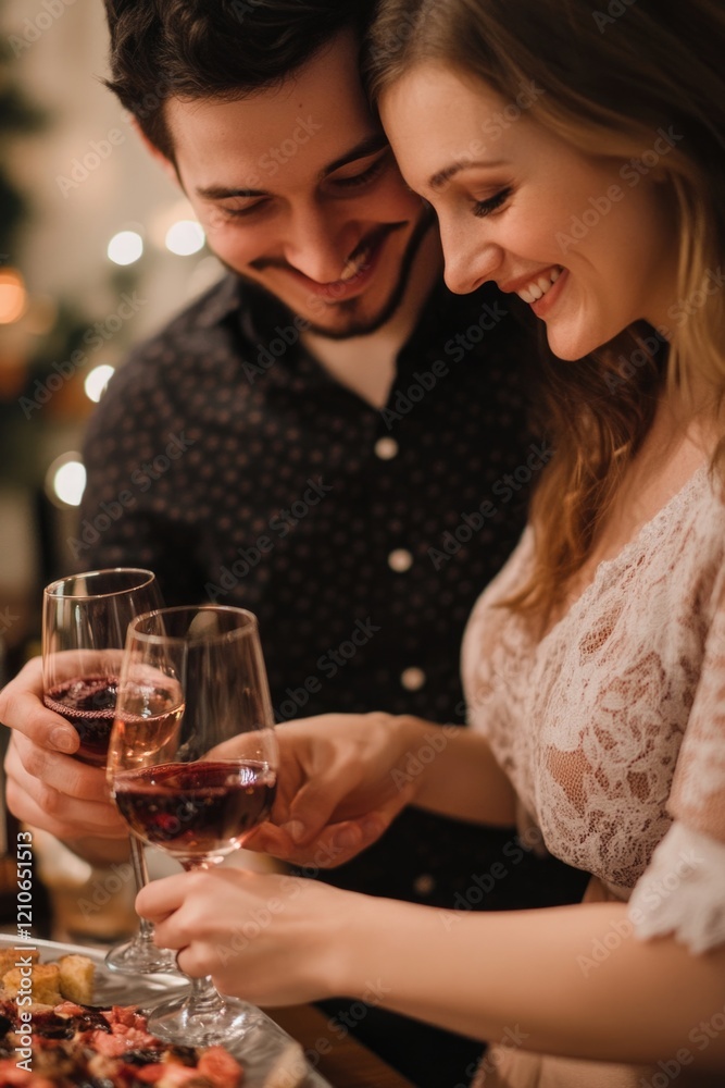 A romantic moment between two people sharing a glass of wine, perfect for dating or anniversary celebrations A romantic moment between two people sharing a glass of wine, perfect for dating or anniversary celebrations