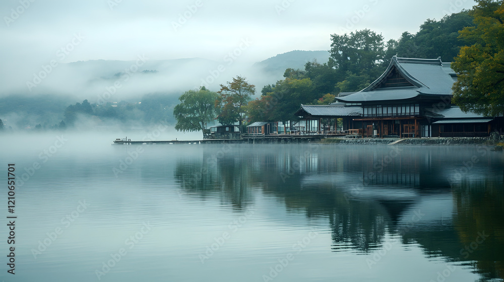 Serene Misty Lakeside with Traditional Japanese House in Tranquil Setting : Generative AI Serene Misty Lakeside with Traditional Japanese House in Tranquil Setting : Generative AI