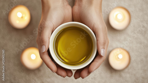 Hands holding bowl of massage oil surrounded by lit candles, creating calming atmosphere