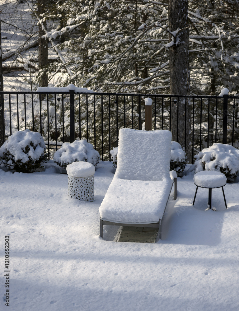 poolside lounge chairs covered in snow during winter (off season spa patio back yard) pool loungers side tables snowy blizzard closed season (recliner reclining chair) end of year poolside lounge chairs covered in snow during winter (off season spa patio back yard) pool loungers side tables snowy blizzard closed season (recliner reclining chair) end of year