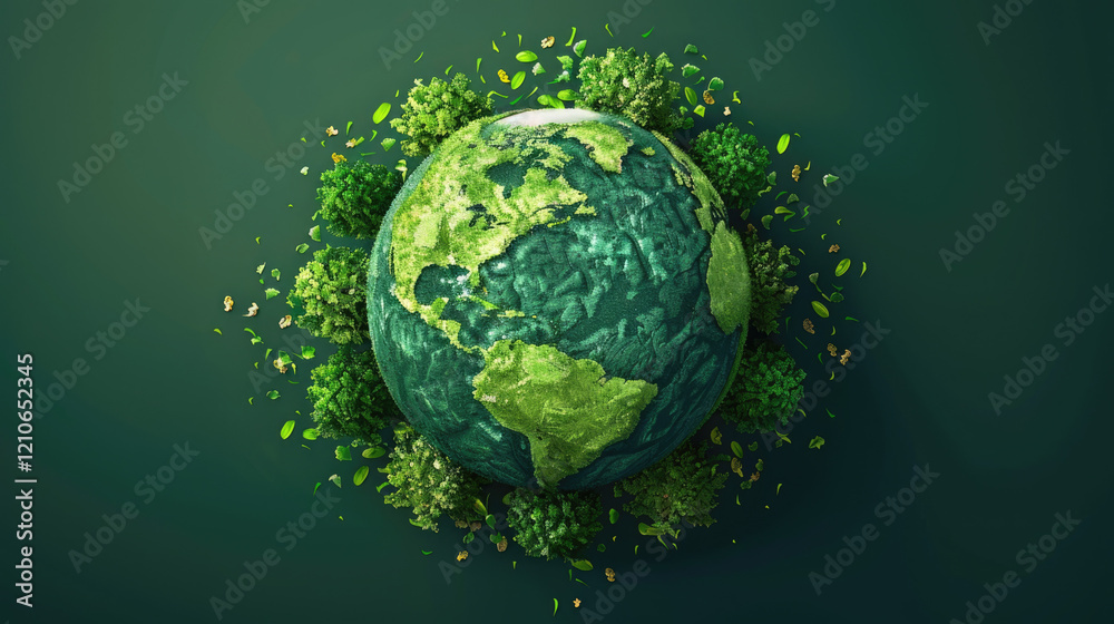 Fototapeta premium A green globe surrounded by lush trees symbolizes a sustainable and environmentally friendly future.Minimalistic festive green background for earth day