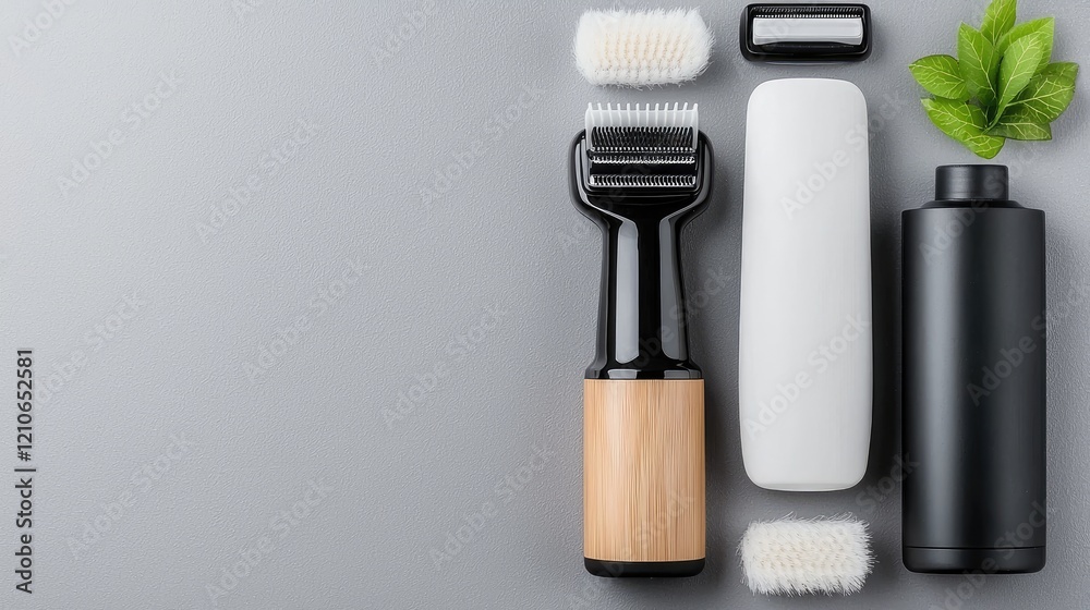 Naklejka premium Eco-friendly grooming tools and products on grey background