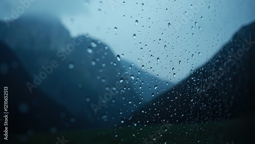 rainy mountain view from a window, gloomy weather view
