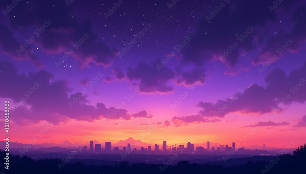 Fototapeta premium City skyline at sunset with vibrant purple and orange hues