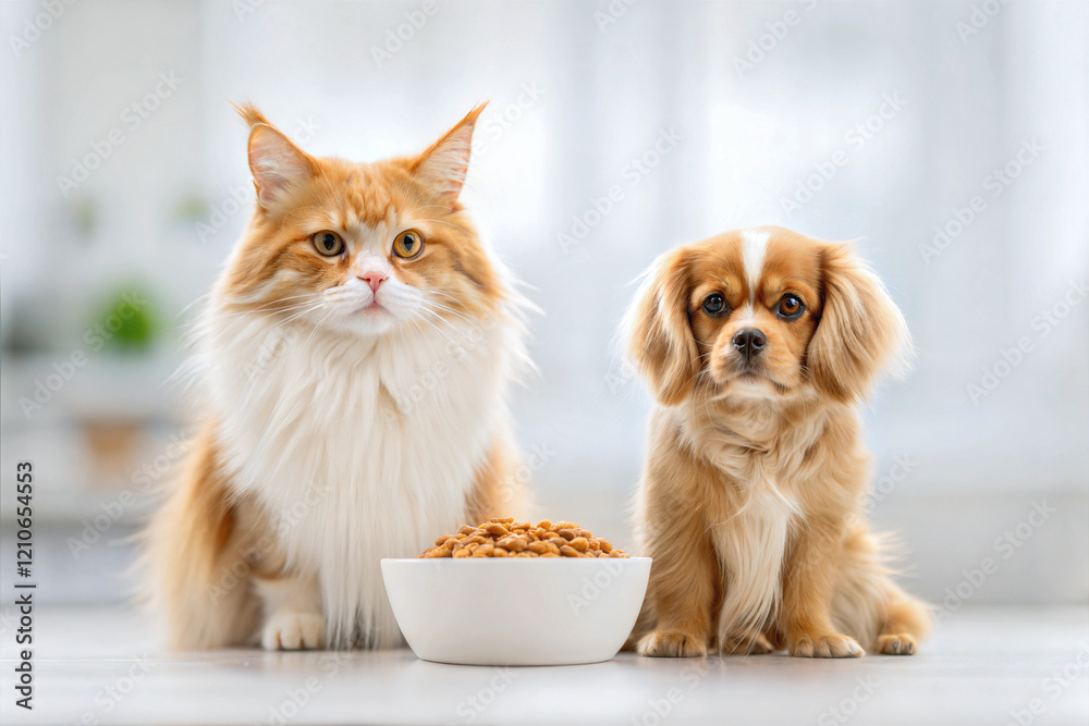 Adorable little dog and cute cat eating food together from blank white bowl, animals and wildlife background