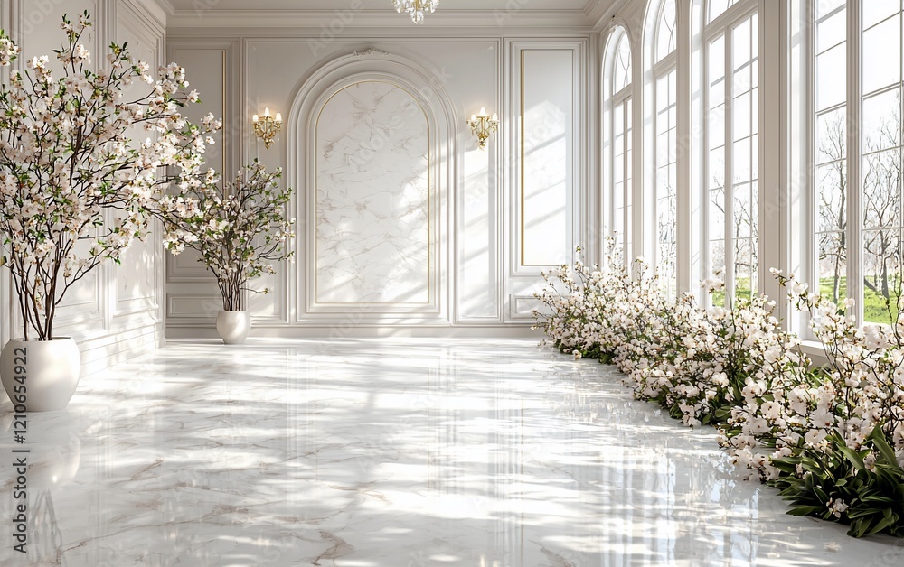 Fototapeta premium Sunlit elegant white interior with flowering trees.