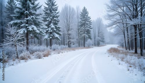 Wallpaper Mural Snow-covered path through frosty winter forest Torontodigital.ca