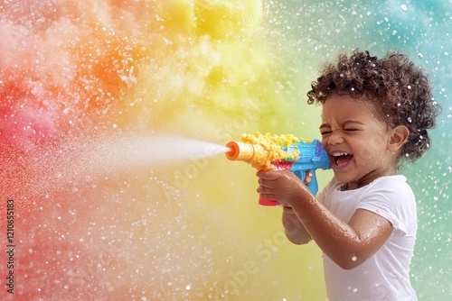 Joyful child plays with water gun amidst colorful splashes at a summer celebration