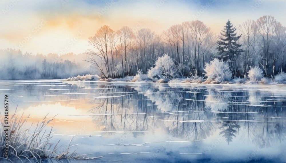 Morning frost blankets a serene lake as dawn breaks in a tranquil watercolor landscape Morning frost blankets a serene lake as dawn breaks in a tranquil watercolor landscape