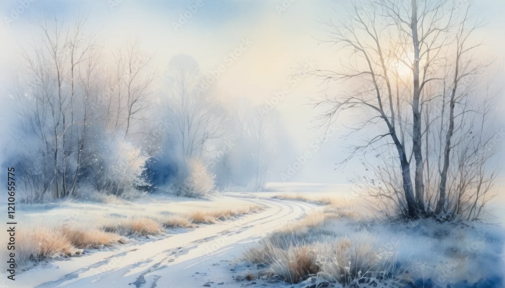 Morning light illuminates a serene winter landscape covered in frost with winding paths and bare trees Morning light illuminates a serene winter landscape covered in frost with winding paths and bare trees
