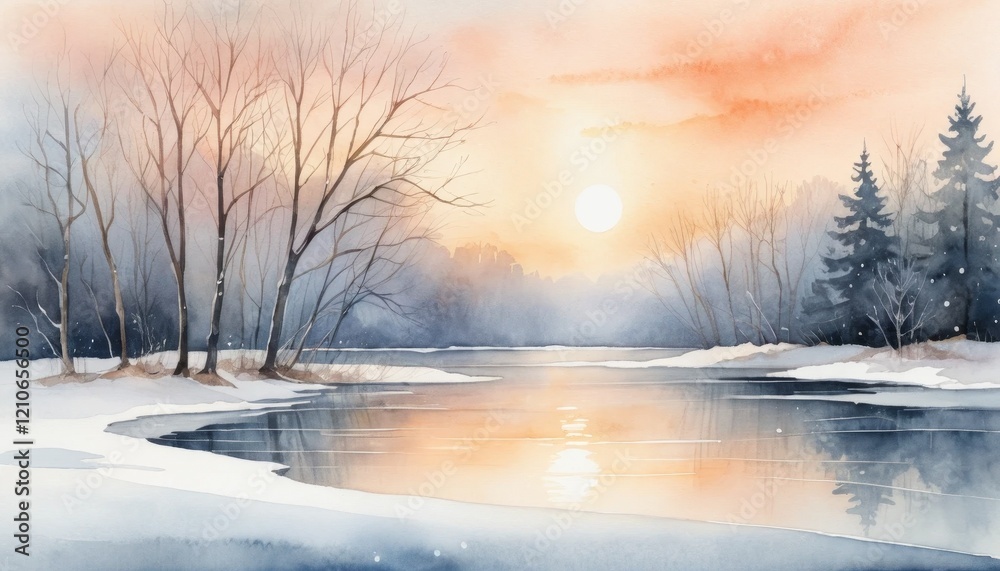 Winter hiking trails by a tranquil river at sunset with snow-covered ground and trees reflecting in the water Winter hiking trails by a tranquil river at sunset with snow-covered ground and trees reflecting in the water