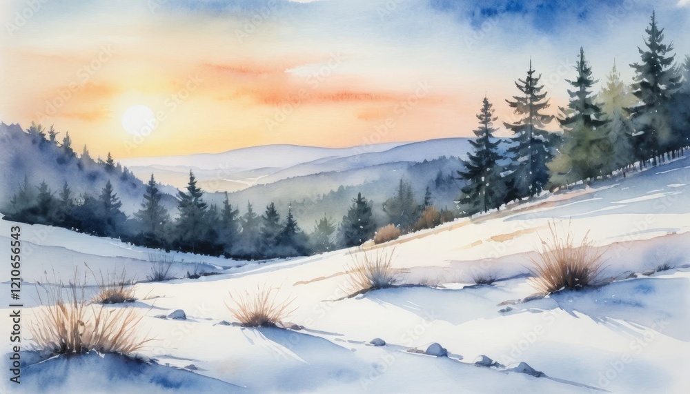 Winter hiking trails reveal serene landscapes under a golden sunset with snow-covered hills and pine trees in the distance Winter hiking trails reveal serene landscapes under a golden sunset with snow-covered hills and pine trees in the distance
