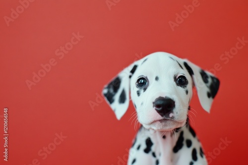 A cute dalmatian puppy sits in front of a bright red wall, looking adorable