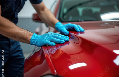 Person in blue gloves applies car protection film on red car fender. Pro auto service shown. Close up view of skilled mechanic working on automobile. Modern auto maintenance in progress. High quality