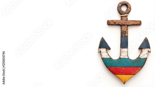 A colorful, vintage-style anchor with a rustic finish, featuring horizontal stripes in red, blue, and white. photo