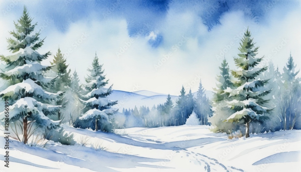 Watercolor illustration capturing serene winter hiking trails surrounded by snow-covered pine trees in a tranquil landscape Watercolor illustration capturing serene winter hiking trails surrounded by snow-covered pine trees in a tranquil landscape
