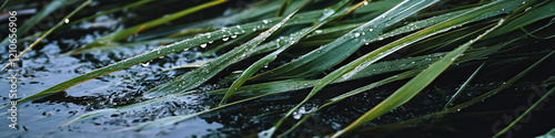 Dew-Covered Grass Blades in Water photo