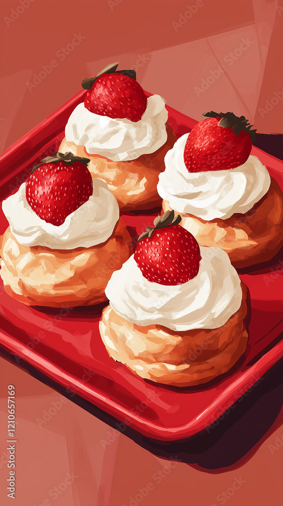 Cream puffs topped with whipped cream and strawberries