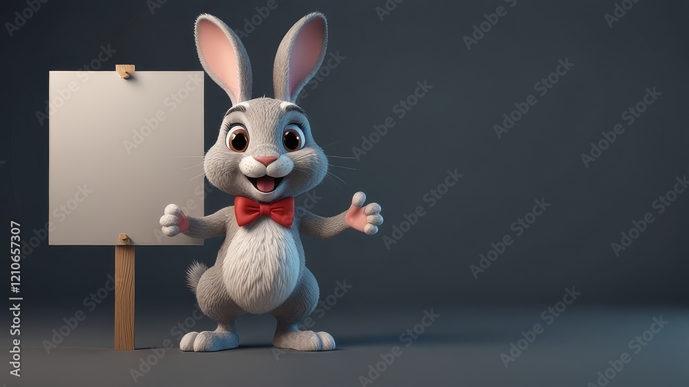 Obraz premium 3D cute rabbit cartoon holding blank sign. 3D cartoon background. Suitable for banners, signs, logos, sales, discount, product promotions, etc. Generative AI