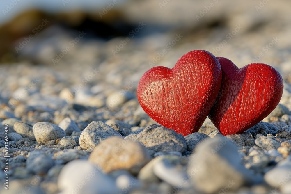 Fototapeta premium Charming Red Wooden Hearts on a Pebbled Surface