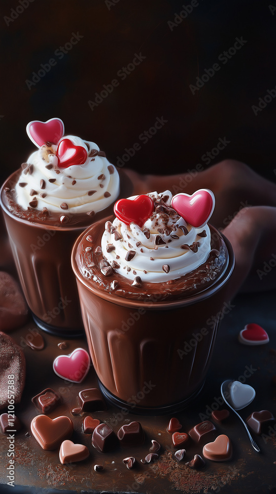 Chocolate pudding with Valentine hearts vertical